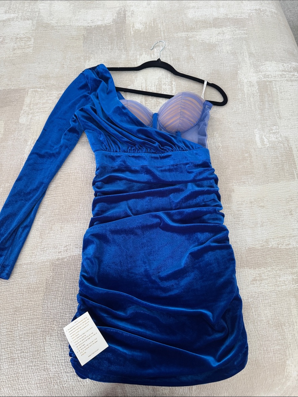 Electric Blue One-Shoulder Velvet Ruched Mini Dress